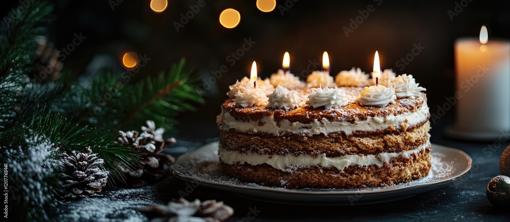 Poster Gingerbread cake adorned with candles on a silver plate surrounded by pine branches and festive bokeh lights in a darkened setting with copy space