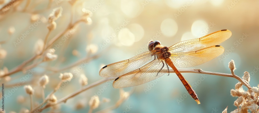 Poster delicate dragonfly perched on fine branches with soft bokeh background in warm tones of amber and aq