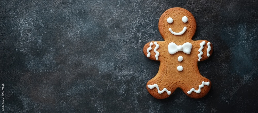 Poster smiling gingerbread ghost cookie with bow tie on dark textured surface with empty space for text in 