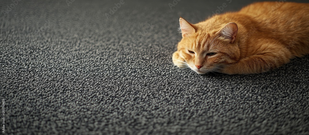 Poster ginger tabby cat relaxing on gray carpet with soft textured surface and blank space for text in cozy