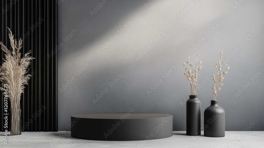 Poster minimalist gray studio setting with round display pedestal and elegant floral arrangements for produ