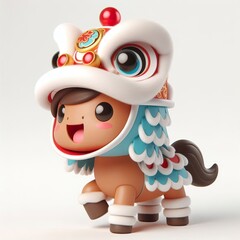 Fototapeta premium 3D Adorable cartoon horse in a lion dance costume, white background