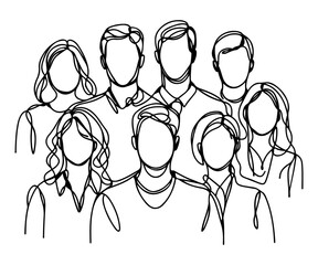 Abstract one line art of eight faceless individuals in a group portrait. vector illustration