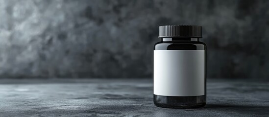 Black Glass Bottle with Lid on Dark Marble Surface featuring Blank White Label and Copy Space for Branding or Text in Professional Setting