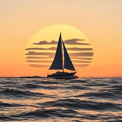 Fototapeta premium A sailboat sails across the ocean with a sunset behind it. The sky is a warm orange, the waves are blue, and the boat is a dark blue. ,