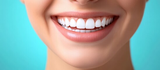 Obraz premium Smiling healthcare professional with perfect teeth against a turquoise backdrop with empty space for text, dental theme, close-up portrait.