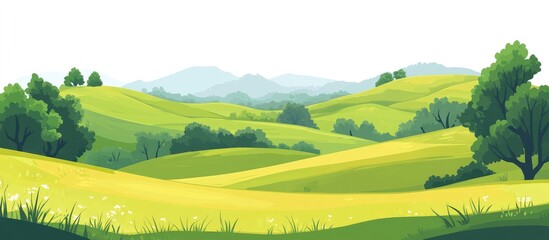 Green rolling hills with lush green fields and vibrant trees on a white background ideal for agricultural themes summer season promotional materials