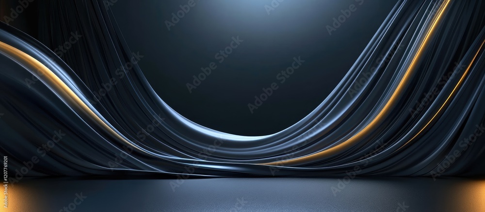 Poster luxurious black and gold fabric drapery background with smooth curves and soft lighting for elegant 