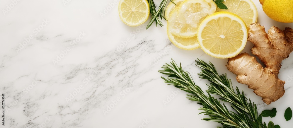 Poster refreshing ginger lemonade mocktail featuring rosemary sprigs and lemon slices on a white marble sur