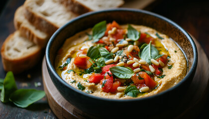 Hummus in a bowl with vegetables (red pepper) pine nuts and bread, close-up, horizontal
