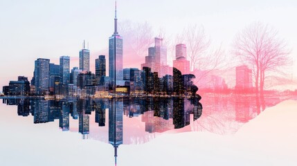 Futuristic Cityscape with Vibrant Reflections and Double Exposure Effect 1