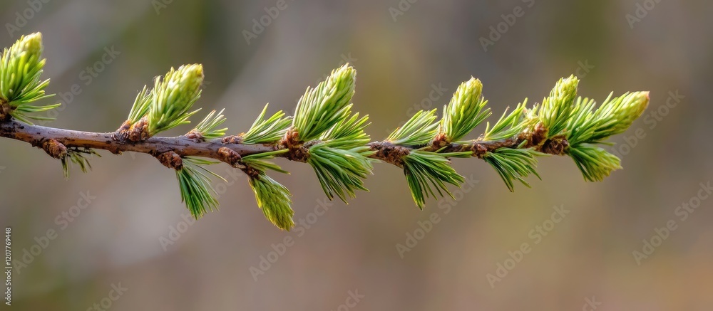Poster fresh green tree branch with budding leaves in soft light against a blurred forest background, macro