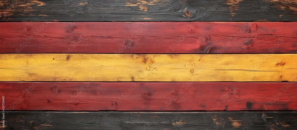Poster multicolored textured wooden plank wall background in red yellow and black with empty space for text