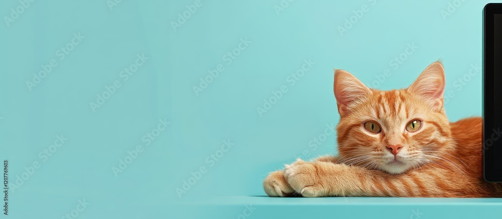 Poster Ginger Cat Relaxing on Turquoise Desk Next to Dark Computer Screen with Ample Space for Text and Copy in a Cozy Home Environment