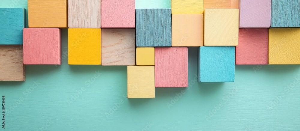 Poster colorful wooden block arrangements in various shades against a soft pastel mint background with ampl