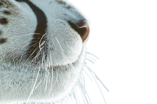 Close-up of a cat's nose and whiskers, soft fur texture, artistic style, white background,  perfect for pet-related designs.