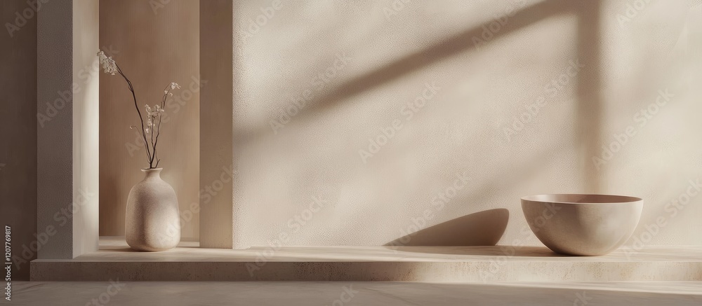 Poster minimalist interior composition with soft beige color palette, natural elements, and subtle shadows 