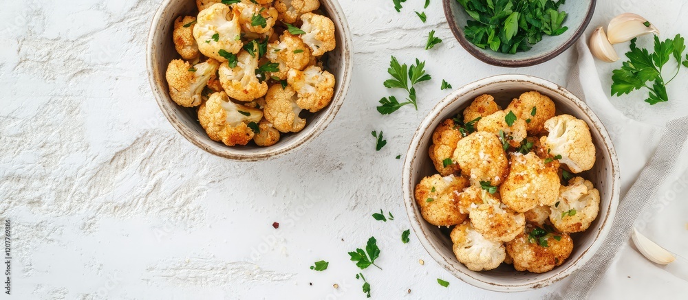 Poster fried popcorn cauliflower garnished with parmesan cheese and herbs in two gray bowls on a light text