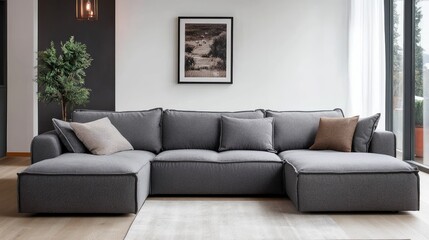 Contemporary living room design with gray sectional sofa and decorative pillows, minimalist decor, natural light, and indoor greenery.