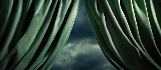 Elegant Green Draped Curtains Framing Dark Stormy Sky with Dramatic Clouding and Ample Blank Space for Textual Overlay