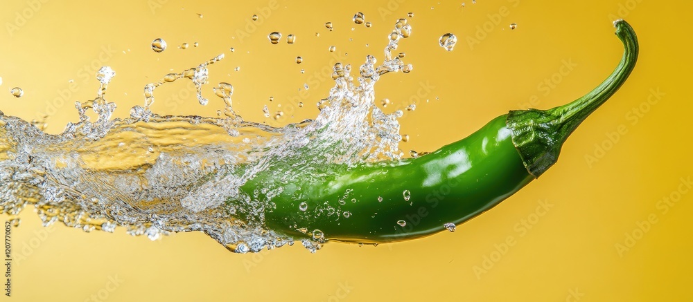 Poster fresh green chili pepper immersed in water creating dynamic splashes against vibrant yellow backgrou