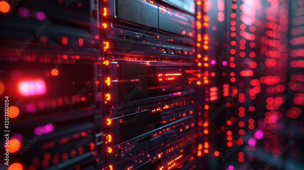 Poster abstract view of illuminated server racks in a data center showcasing technology