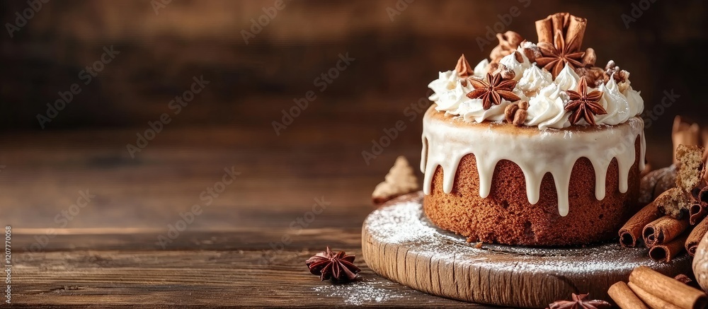 Poster ginger spice frosted cake with cinnamon sticks and anise star on rustic wooden table with empty spac
