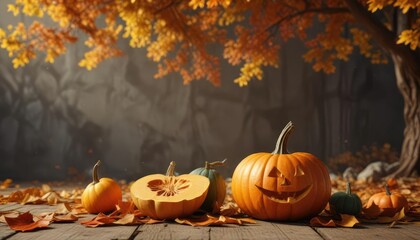 Obraz premium Autumnal background with a carved pumpkin and squash, squash, background, festive