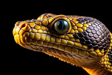 Obraz premium Golden Snake Head Close-up, Black Background, Conceptual Photography