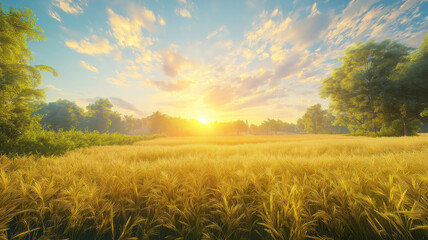 Obraz premium Beautiful field at sunrise with a crisp blue sky, perfect for a fresh start.