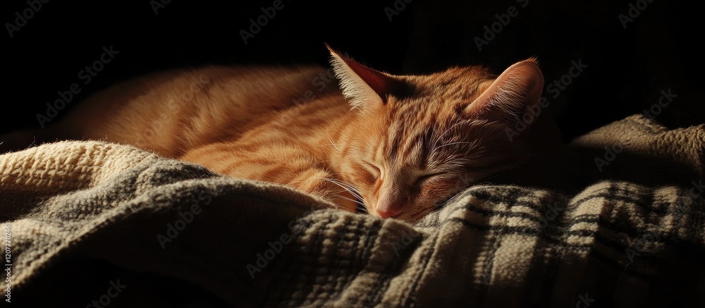 Poster ginger cat resting serenely on a textured beige blanket in dim lighting with soft shadows creating a