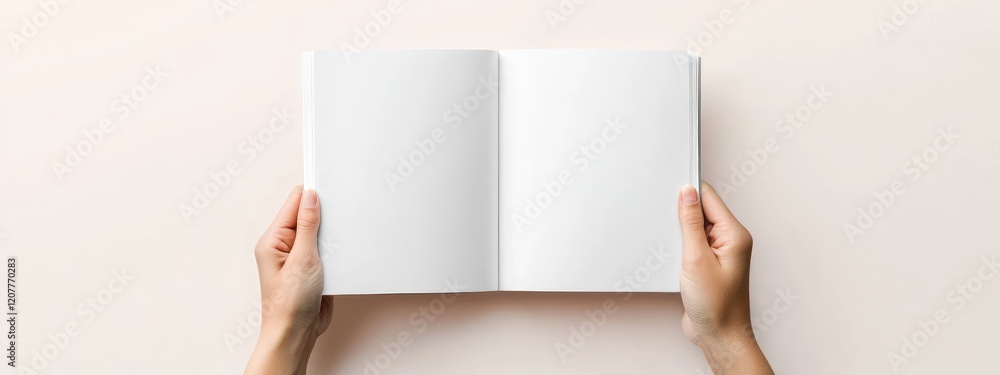 Poster open hands holding a blank white magazine on a minimalistic beige background with ample copy space f