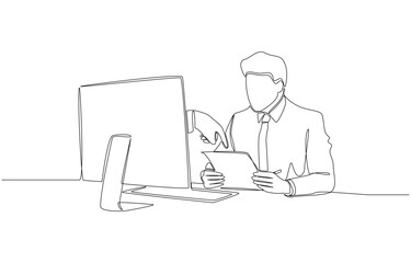 Continuous one line drawing of employee looking at work order document from boss, office working, suggestion for correcting work from supervisor concept, single line art