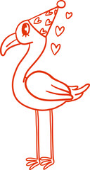Retro Valentine with Party Flamingo Wearing Hat with Hearts Outline