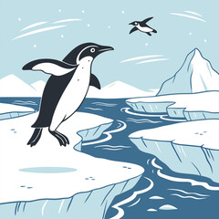 Obraz premium Adelie Penguin Jumping Between Two Ice Floes in the Antarctic