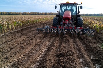 Fototapeta premium A powerful tractor works efficiently in a vast field, tilling the rich soil in preparation for planting, showcasing the essential role of machinery in modern agriculture.