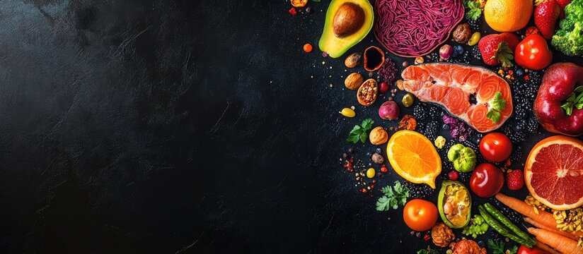 Mitochondrial Disease Impact on Food Metabolism Healthy Ingredients on Black Background with Space for Text