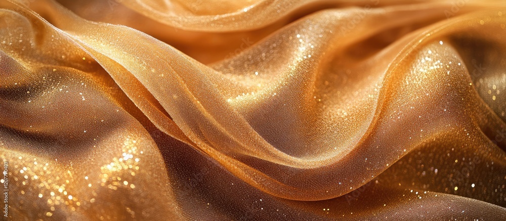Poster lustrous golden glitter fabric waves with shimmering texture in warm tones, providing a luxurious ba
