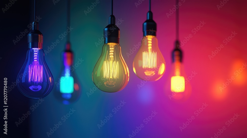 Poster elegant minimalist interior featuring vibrant hanging light bulbs in various colors against a backdr