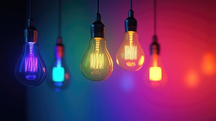 Elegant minimalist interior featuring vibrant hanging light bulbs in various colors against a backdrop of soft gradient hues, creating a dynamic atmosphere.