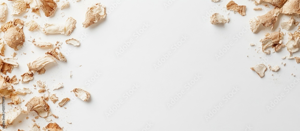 Poster dried ginger root pieces scattered on a clean white background with ample negative space for text an