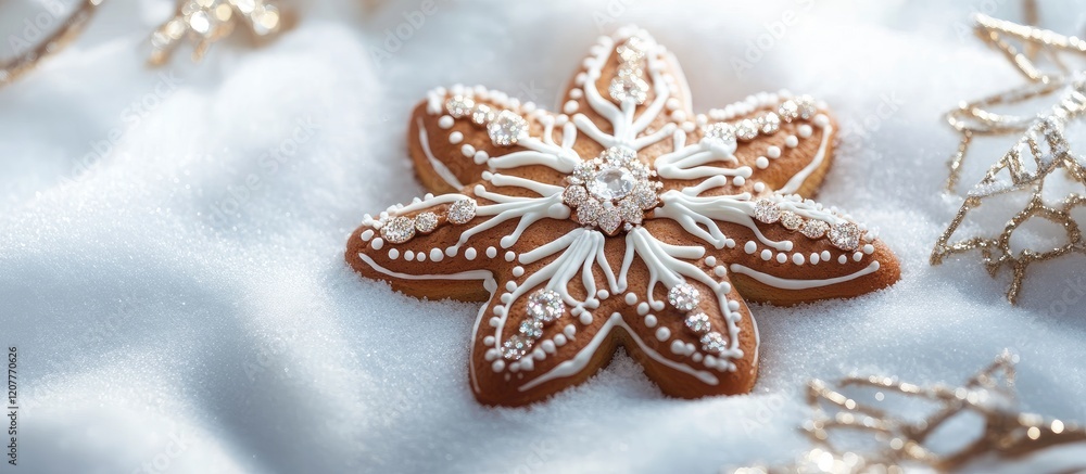 Poster gingerbread snowflake decoration on soft white snow background with elegant golden accents and empty