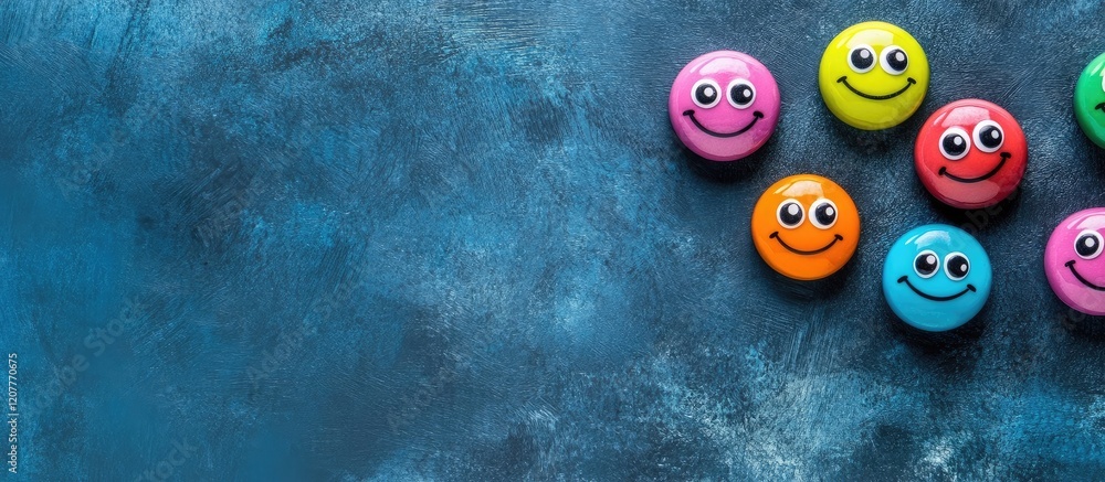 Poster colorful smiling fridge magnets arranged on a blue textured table surface with ample empty copy spac
