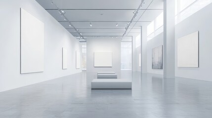 The white art gallery interior features a minimalist design with mock-up posters displayed on the walls.