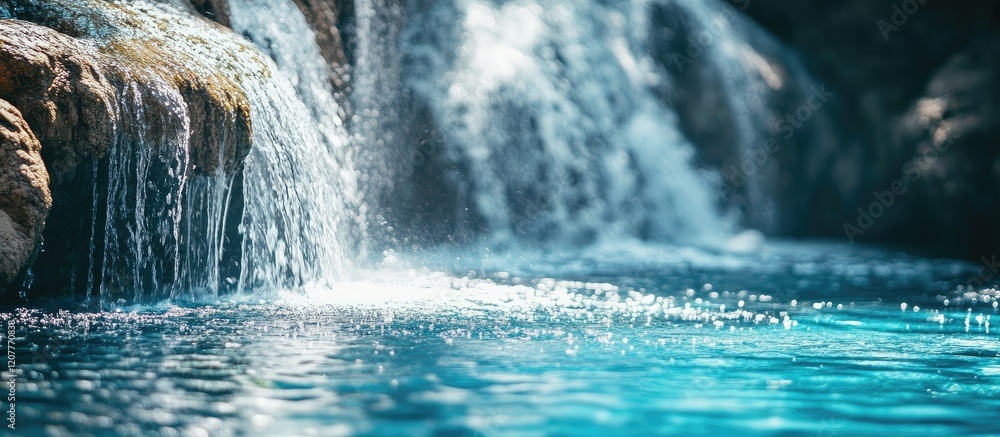 Poster glacial waterfall cascading into crystal clear turquoise pool surrounded by rocky terrain with abund