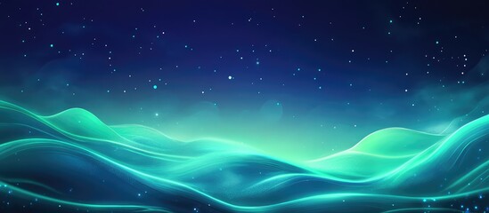 Abstract green glow with blue wave patterns on dark background featuring stars and ample copy space for text in horizontal layout.