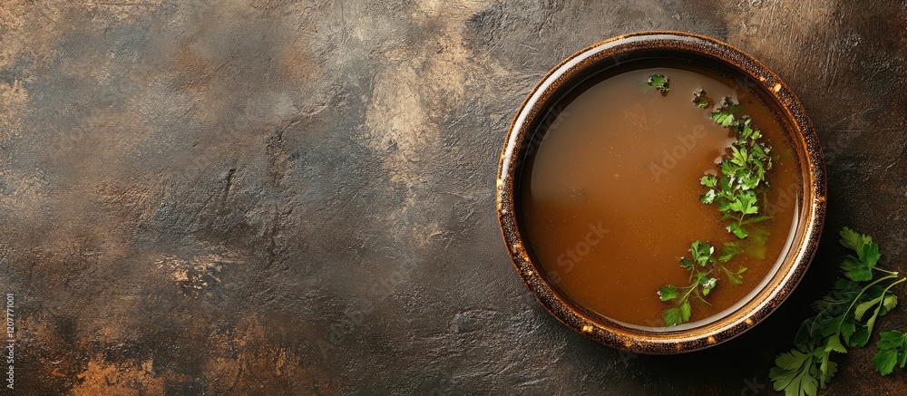 Poster mushroom soup in a rustic brown bowl on a textured dark table with fresh herb garnish and ample empt