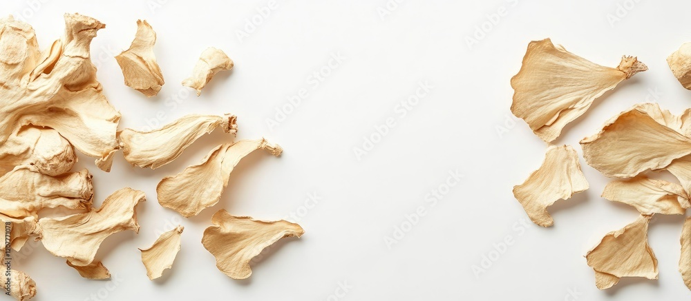 Poster dried ginger root slices on soft white background with negative space for text in natural earthy bei