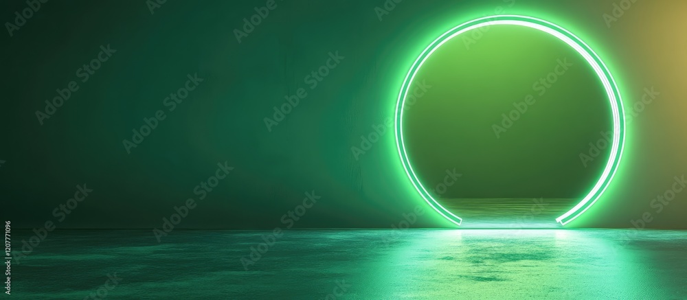 Poster minimalist interior featuring green neon circular aperture illuminated against a dark textured floor