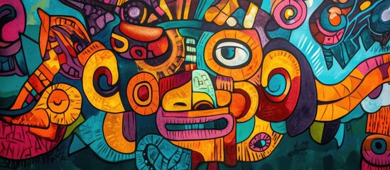 Vibrant Mural Graffiti Featuring Mayan Traditional Art Elements in Bold Colors Ideal for Cultural Exhibit Promotion with Space for Text